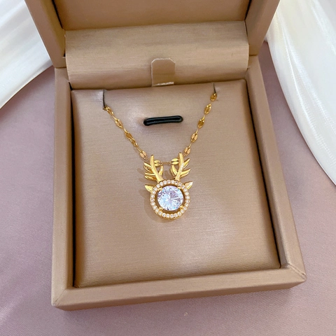 Antler Pendant Necklace Gold Plated Titanium Steel Micro Pave Zircon Reindeer Jewelry For Women Elegant Stylish