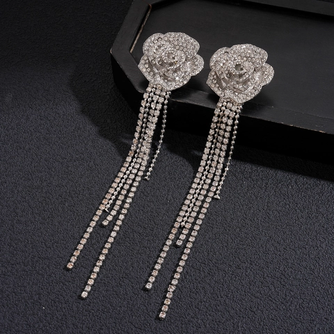 Alloy Rhinestone Rose Flower Tassel Earrings With 925 Sterling Silver Earring Post Elegant Long Dangle Jewelry For Women