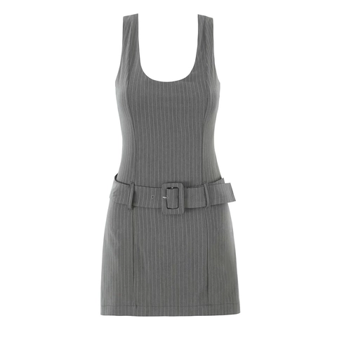 Robe Courte À Rayures Pour Femmes Sans Manches Col En U Taille Haute Avec Ceinture Mode Vintage Élégante