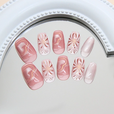Handmade Pink Cat Eye Press On Nails With Shimmer Heart Firework Patterns ABS Plastic Reusable Short Coffin False Nails For Women