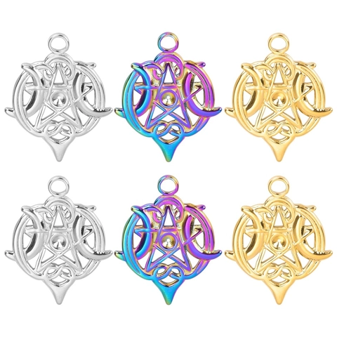 Pentagram Triple Moon Goddess Charms Stainless Steel Hollow Wiccan Pagan Symbols DIY Jewelry Making Accessories