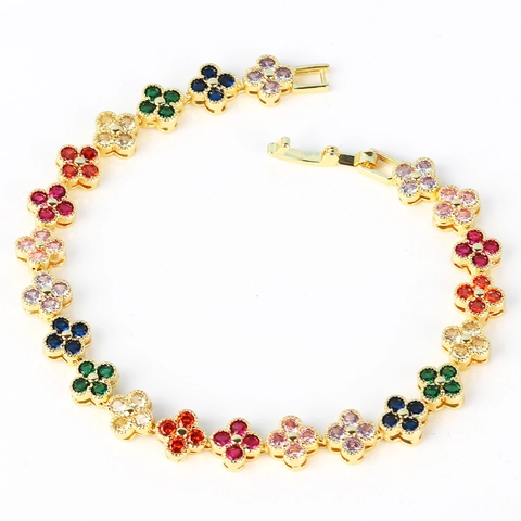 Klavertje Vier Armband Gekleurde Zirkonia Koper Verguld Minimalistisch Sieraad Voor Dames