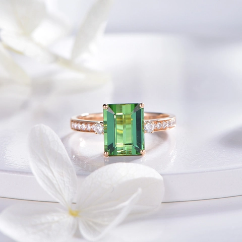 Anillo De Piedra Verde Talla Esmeralda Color Oro Rosa Cobre Ajustable Abierto Circón Joyería Elegante Mujeres