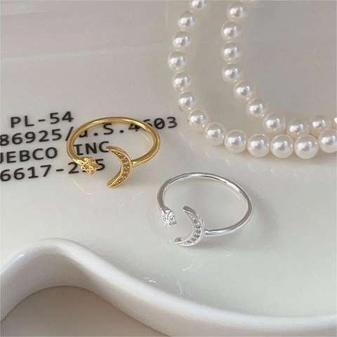Anello Stella Luna In Argento Sterling 925 Zirconia Micro Pavé Design Aperto Regolabile Gioielli Celestiali Per Donna