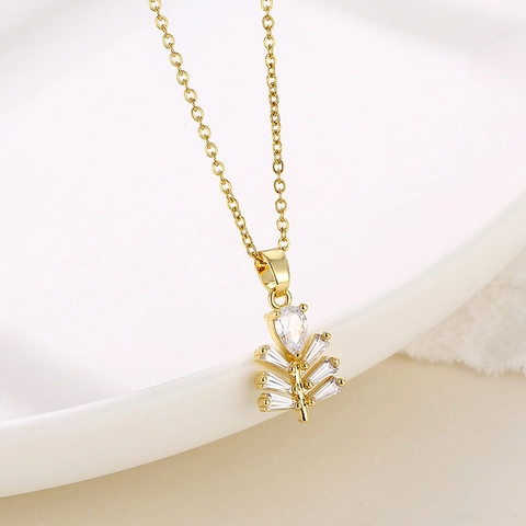 Collar Pendiente Rama Arbol Acero Inoxidable Cobre Zircon Incrustado Forma Hoja Abeto Joyeria Clavicula Minimalista