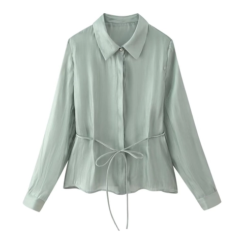Women Satin Blouse Long Sleeve Lapel Button Shirt With Waist Tie Elegant Solid Color Tops