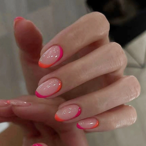 Dual Color French Tip Press On Nails Round Oval Artificial Fingernails ABS Plastic Minimalist Pink And Orange For Women