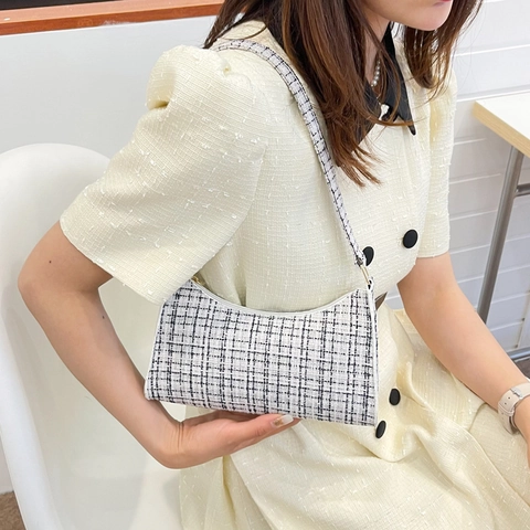Sac Sous le Bras en Tweed Pour Femmes Motif à Carreaux Sac à Bandoulière Tissé Vintage Décontracté Sac à Main Léger Pour le Quotidien Voyage Fille