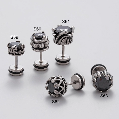 Men Stainless Steel Stud Earrings Black Round Zircon Vintage Gothic Punk Style Screw Back Piercing Jewelry Retro Personalized