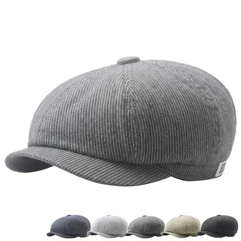 Men Retro British Style Beret Hat Striped Cotton Polyester Breathable Sunshade Newsboy Cap Adjustable Buckle