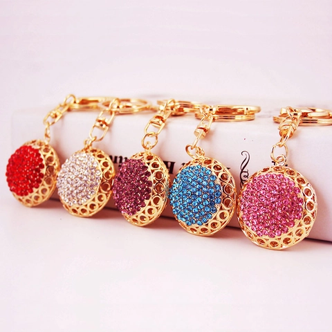 Mignon Créatif Strass Creux Rond Balle Porte-clés Alliage de Zinc Métal Sac Charme Pendentif Cadeau Pour Femmes