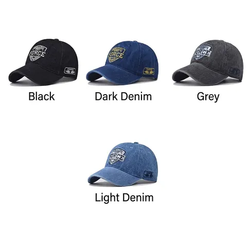 Casquette De Baseball En Denim Lavé Rétro Distressed Force Brodée Chapeau De Soleil Réglable En Coton Unisex
