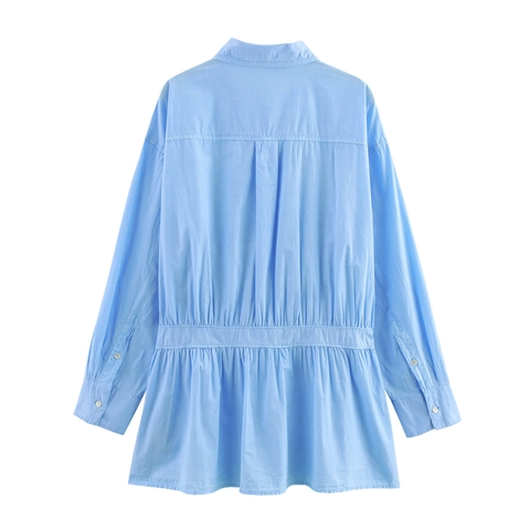 Damen Langarm Hemdblusenkleid Umlegekragen Taillenbindung Plissee Saum Preppy Style Einfarbig Popeline Minikleid