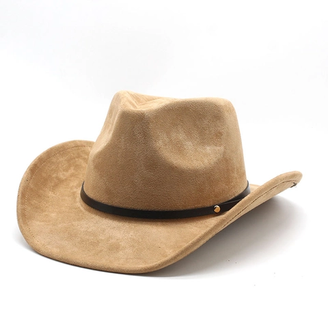 Western Cowboy Hat Wide Brim Faux Suede Retro Ethnic Style Dented Crown With Leather Band Rivet For Men Women