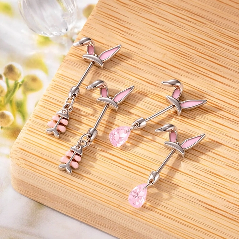 Rabbit Ears Cartilage Stud Earrings Titanium Steel Screw Back Helix Piercing Pink Enamel Fishbone Teardrop Crystal