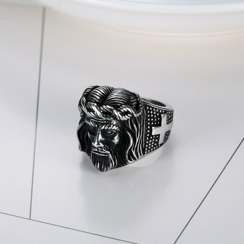 Anello Ritratto Testa Gesù Cristo Acciaio Inossidabile Rilievo Croce Retro Vintage Stile Gotico Punk Per Uomini