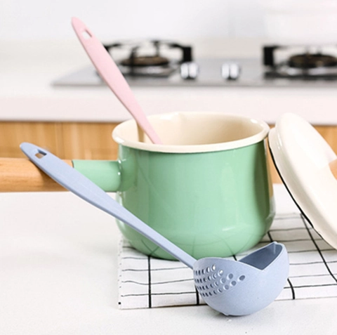 Dual Purpose Soup Spoon And Strainer Long Handle Wheat Straw PP Plastic Filter Hole Porridge Ladle Pour Spout Nordic Style