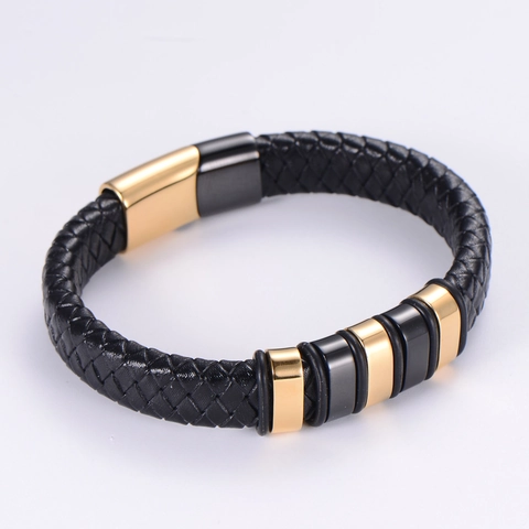 Bracciale Da Uomo In Pelle PU Intrecciata Chiusura Magnetica In Acciaio Inossidabile Gioielli Vintage Nero