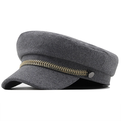 Women Vintage Woolen Military Cap Baker Boy Hat With Gold Chain Decoration Solid Color Autumn Winter Fashion Accessory