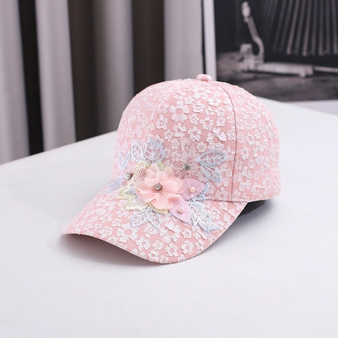 Women Sweet Lace Baseball Cap 3D Flower Decoration Rhinestone Artificial Pearl Elegant Sun Protection Hat Outdoor Summer Travel Romantic Lady Beach Sunshade Cap