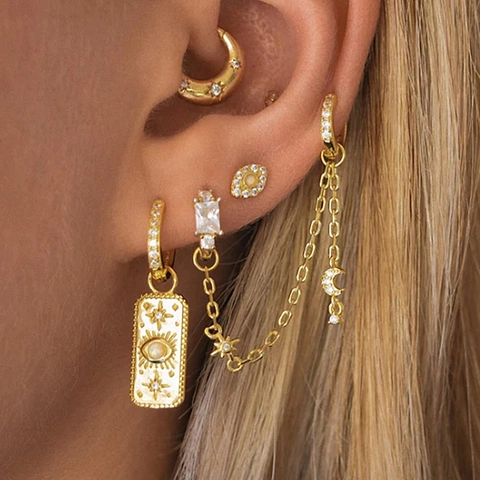 Orecchini Minimalisti In Argento Sterling Con Catena Zirconia Nappa Stella Luna Cartilagine Piercing Gioielli Per Donne