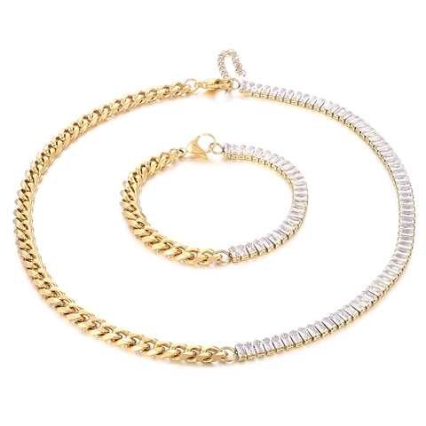 Collana E Bracciale In Acciaio Inossidabile Con Maglia Cubana E Zirconi Rettangolari Gioielli Hip Hop Per Donna