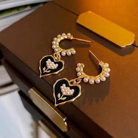 French Vintage Enamel Floral Heart Stud Earrings For Women Alloy Jewelry With 925 Sterling Silver Earring Post Elegant