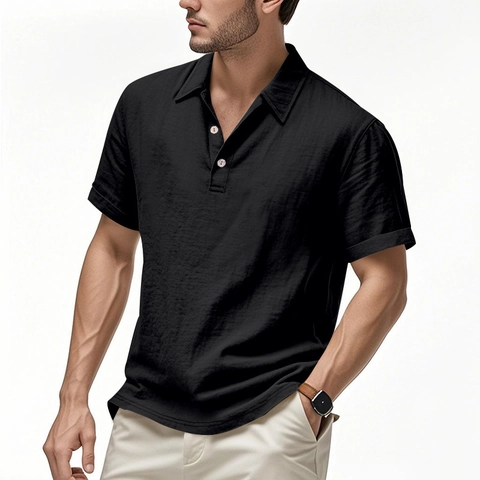 Men's Short Sleeve Polo Shirt Linen Blend Breathable Slim Fit Casual Summer Beach Vacation Tops Lapel Button Down