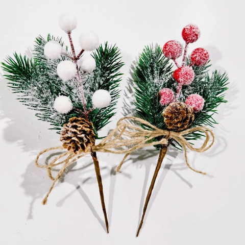 Artificial Christmas Pine Needle Berry Picks With Natural Pine Cones Jute Bow Festive Decor DIY Garland Ornament
