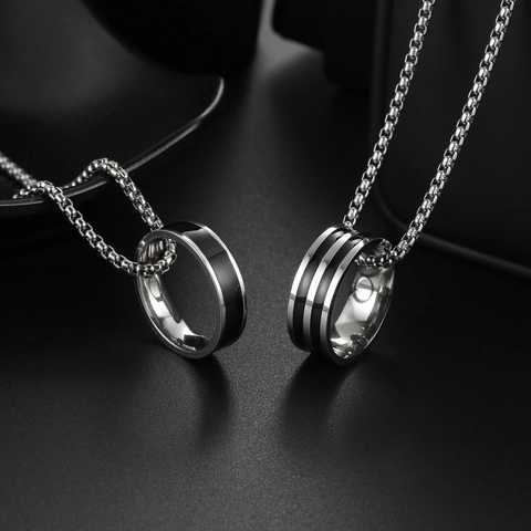 Stainless Steel Ring Pendant Necklace With Black Enamel Stripe Silver Color Box Chain Fashion Minimalist Jewelry For Couples