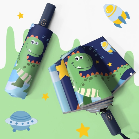 Kinderparaplu Dinosaurus Pongee Stalen Baleinen Reflecterende Strip Zwarte Coating UV Bescherming Automatisch Opvouwbaar