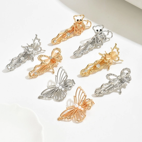 Vintage Alloy Butterfly Hair Clip Rhinestone Imitation Artificial Pearl Duckbill Clamp Elegant Bear Bowknot Hairpins For Women