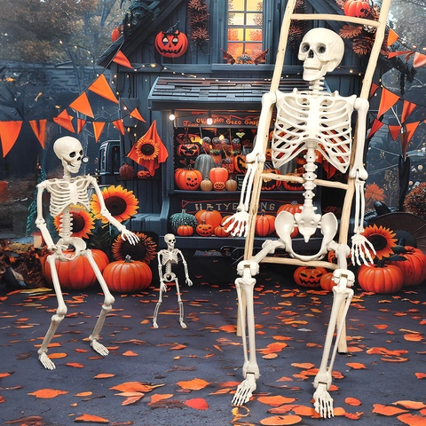 Halloween Skelett Ganzkörper Lebensgroß Beweglich Kunststoff Knochen Realistische Requisite Gruselhaus Garten Dekoration