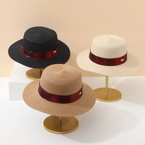 Cappello Di Paglia Boater Da Donna Corona Piatta Protezione Solare Spiaggia Con Decorazione Nastro Elegante