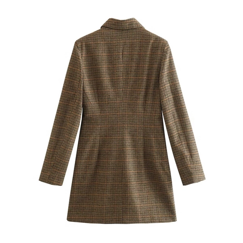 Dames Double Breasted Geruite Blazer Jas Houndstooth Revers Lange Mouwen Britse Retro Casual Bovenkleding
