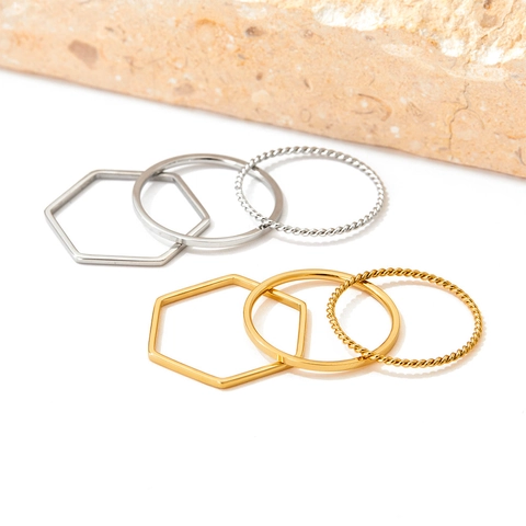 Minimalist Stackable Rings Stainless Steel Geometric Hexagon Twist Rope Texture High Polished Retro Fashion Jewelry For Women