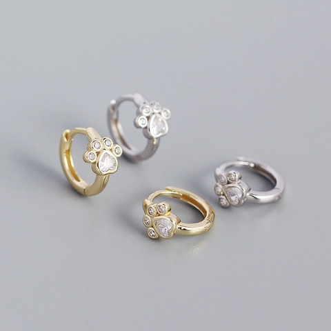 925 Sterling Silver Cute Pet Cat Paw Footprint Ear Buckle Earrings Heart Zirconia Hoop Earrings For Women Fashion Jewelry