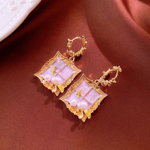 French Vintage Square Purple Enamel Hoop Earrings With Alloy Leaf Imitation Artificial Pearl Silver Earring Post
