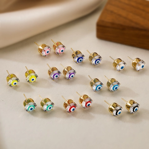 Fashion Mini Copper Gold Plated Zirconia Evil Eye Stud Earrings For Women Individual Enamel Exotic Style Jewelry Accessories