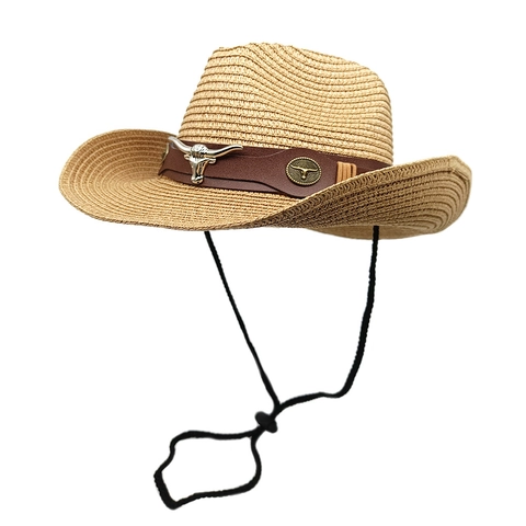 Western Cowboy Straw Hat Wide Brim Sun Protection Breathable Retro Summer Beach With Leather Band Metal Bull Head Windproof Cord