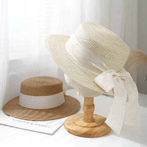 Cappello Di Paglia Boater Retrò Donna Tetto Piatto Sole Nastro Fiocco Strass Elegante Estate Spiaggia Vacanze UV