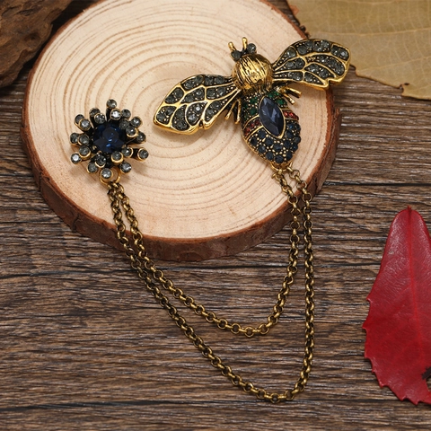 Vintage Bij Dubbele Ketting Broche Met Bloem Pin Legering Strass Kristal Kwastje Reversspeld Dames Pak Accessoires