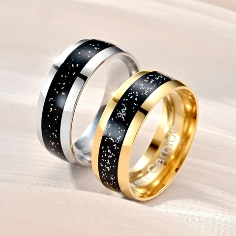 Titaniumstaal Sterrenhemel Inleg Ring Voor Heren Dames 8mm Mat Mode Koppel Bruiloft Band Sieraden Accessoire Cadeau