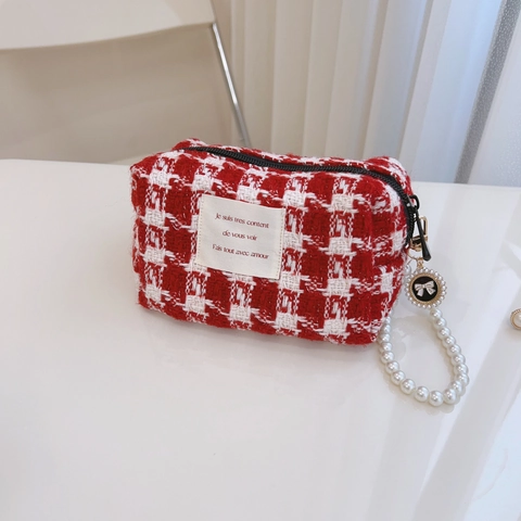 Tweed Karo Kosmetiktasche Mit Künstliche Perlen Griff Elegante Reißverschluss Make-up Tasche Tragbare Handgehaltene Organizer Damen