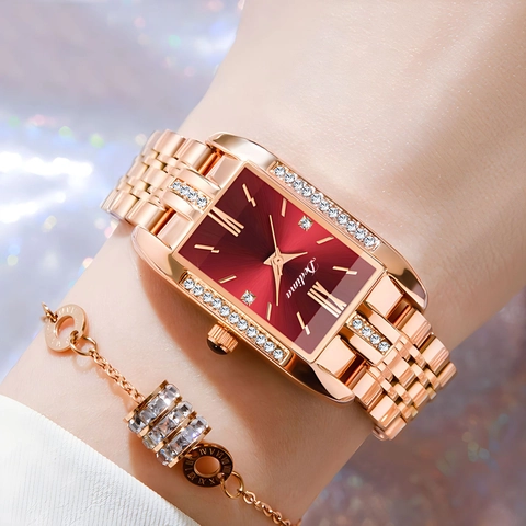 Elegant Women Quartz Watch Rectangular Dial Rhinestone Accent Alloy Stainless Steel Band Luxury Fashion Wristwatch Analog