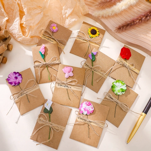 Vintage Kraft Paper Greeting Card Envelope With Handmade Paper Flower And Hemp Rope Blank Note Card Especially For You