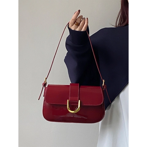 Borsa A Tracolla Retrò Da Donna In Vernice Borsa A Spalla Ascella Fibbia A Ferro Di Cavallo Dorata Stile Vintage