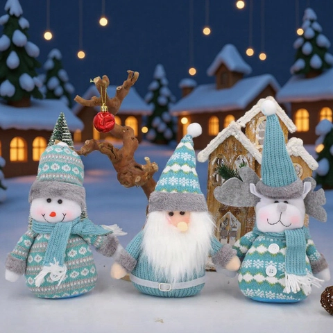 Christmas Knitted Plush Dolls Snowman Reindeer Gnome Desktop Ornaments Blue White Nordic Holiday Home Decor