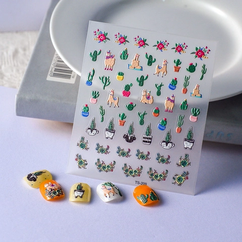 Stickers À Ongles 5D En Relief Dessins Alpaga Cactus Fleur Auto Adhésif Décorations Nail Art Dessin Animé Accessoires DIY