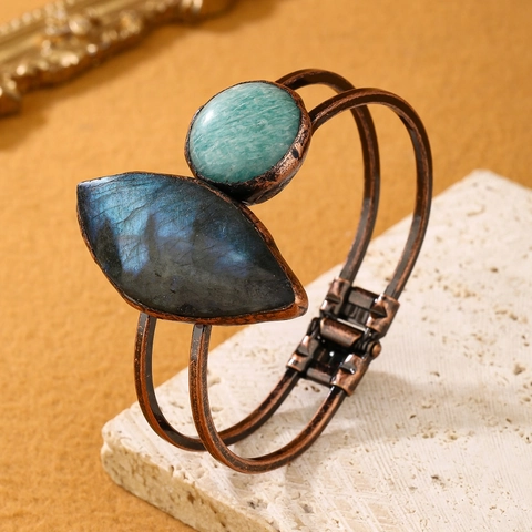 Vintage Handmade Copper Bangle Natural Labradorite Amazonite Gemstone Open Spring Hinge Bohemian Jewelry For Women